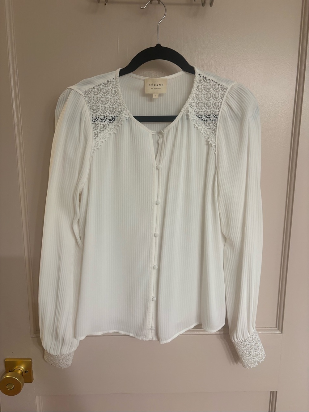 Sezane Ivory Lace-Trim Button Blouse